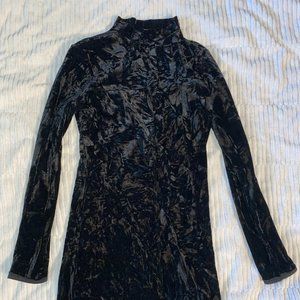 Black Crinkly Velvet High Neck Long Sleeve Dress